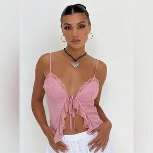 NWT - PRINCESS POLLY - Janney Pink Tie Front Lace Trim Cropped Tank Top